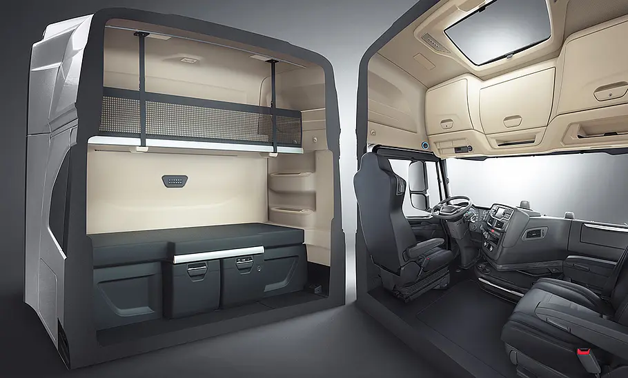 Das Fahrerhaus des Iveco S-Way (2024) ist in einer Illustration mittig geteilt, um die Raumausnutzung zu visualisieren.