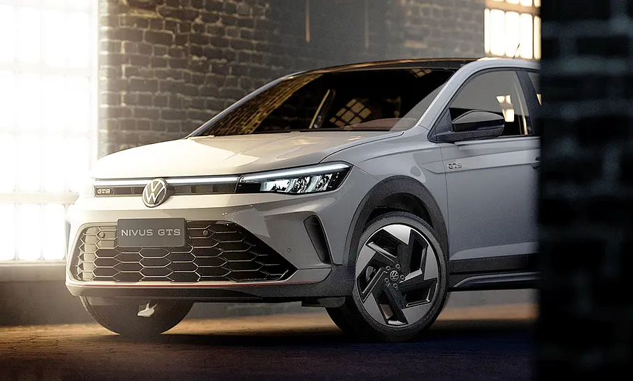 VW Nivus GTS (2025) Ein erstes Teaserfoto zeigt die Front des VW Nivus GTS (2025).
