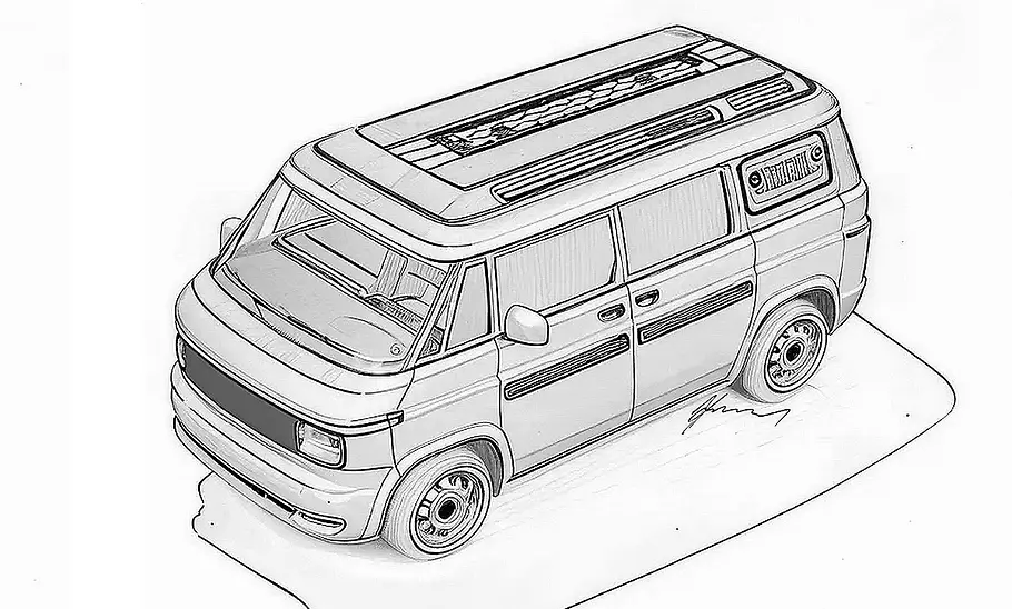 Zeichnung des AZ Automotive Bus, Ansicht von schräg vorne.