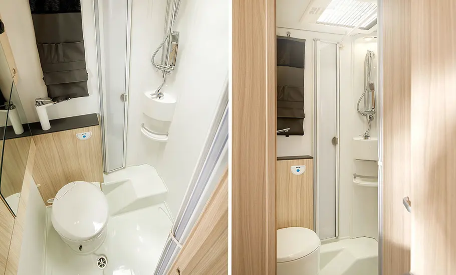 Sunliving V 60 SP (2025) Das Bild zeigt das Badezimmer des Sunliving V 60 SP (2025). Das linke Bild zeigt die Nasszelle mit WC und Dusche im Detail, das rechte Bild zeigt das Bad durch die geöffnete Badezimmertüre.