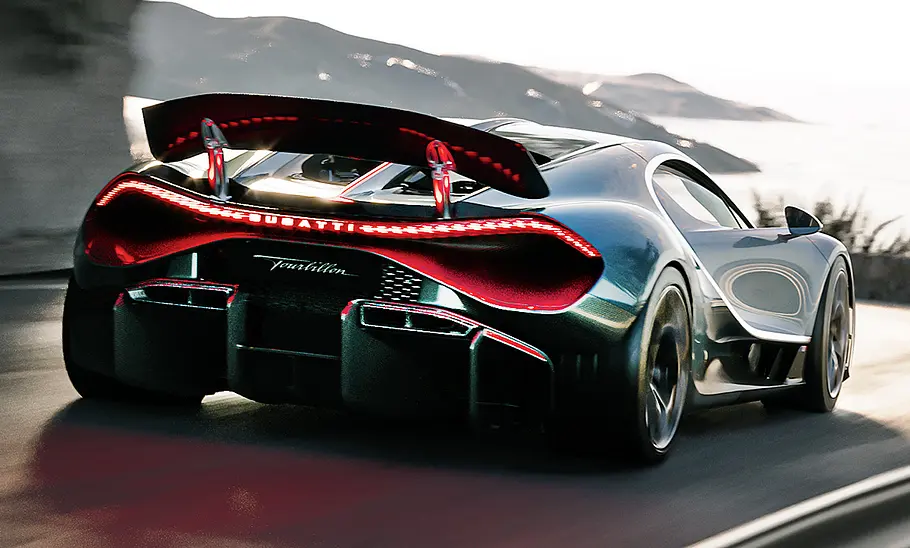 Bugatti Tourbillon (2026) Der Bugatti Tourbillon (2026) fahrend von hinten
