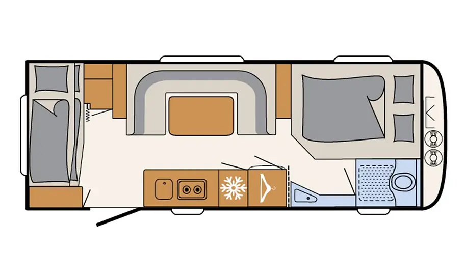 Etagenbetten Grundrissansicht des Dethleffs Camper 569 FMK mit Etagenbett im Heck.