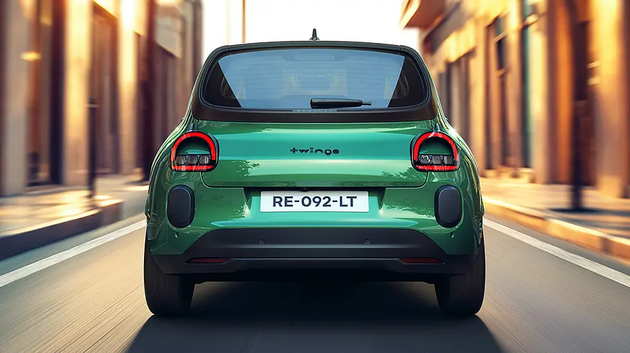 Renault Twingo E-Tech Electric Der Renault Twingo E-Tech Electric fährt durch eine Stadt, von hinten fotografiert.