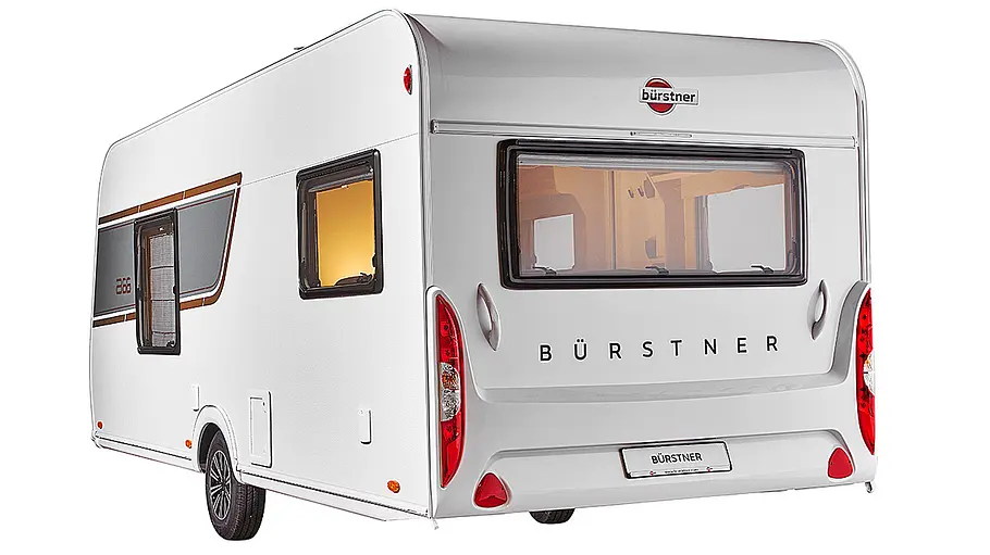 Bürstner B66 Caravan Das Bild zeigt den Bürstner B66 Caravan statisch von schräg hinten links fotografiert.