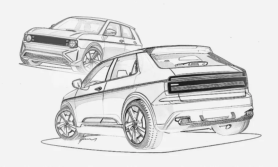 Zeichnung des AZ Automotive Standard, Ansicht von schräg vorne & schräg hinten.
