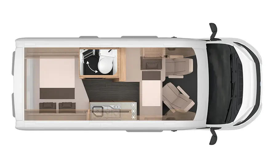 Das Bild zeigt die Grundrisszeichnung des Knaus Boxtime 540 (2025).