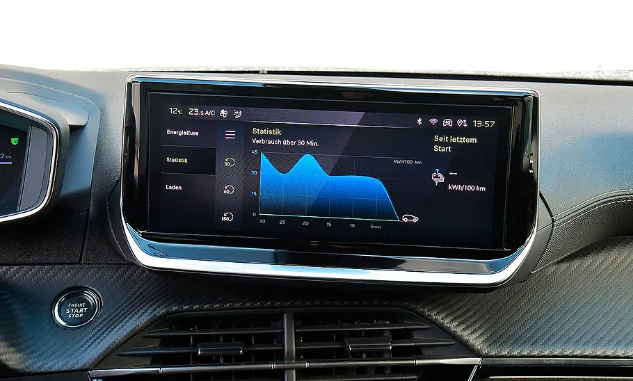 Blick auf den Zentraldisplay im Innenraum des Peugeot E-2008.