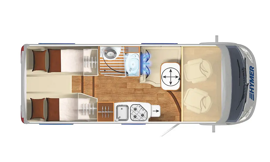 Hymer Exsis-i 474 (2024) Das Bild zeigt die Grundrisszeichnung des Hymer Exsis-i 474 (2024).