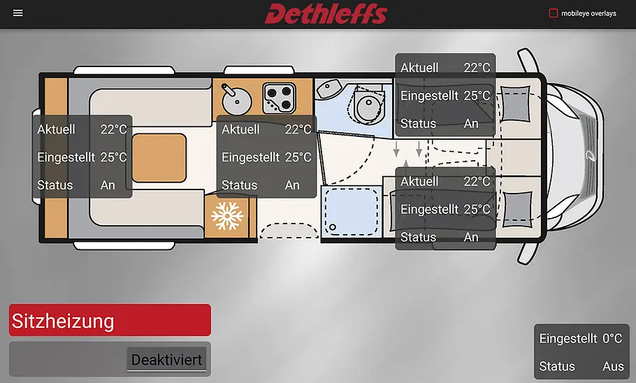 Dethleffs E.Home (2017) als Grundrissansicht in der Steuerungsapp mit verschiedenen Werten und Einstellungen eingeblendet.
