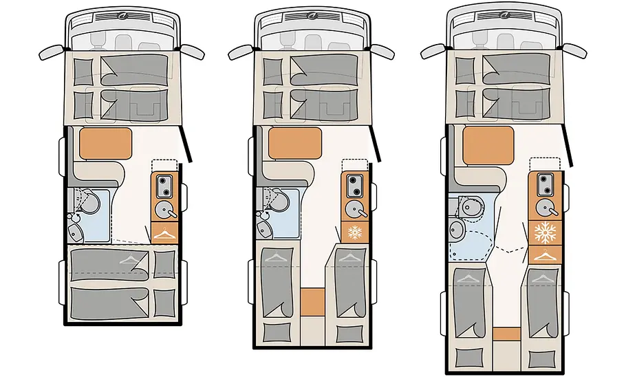 Die drei Grundrisszeichnungen des I 1, I 4 und I 6 des Dethleffs Globebus (2025).