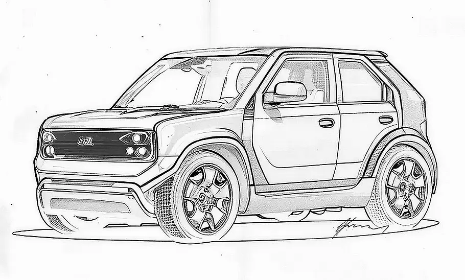 Zeichnung des AZ Automotive Mini-Maxi, Ansicht von schräg vorne.