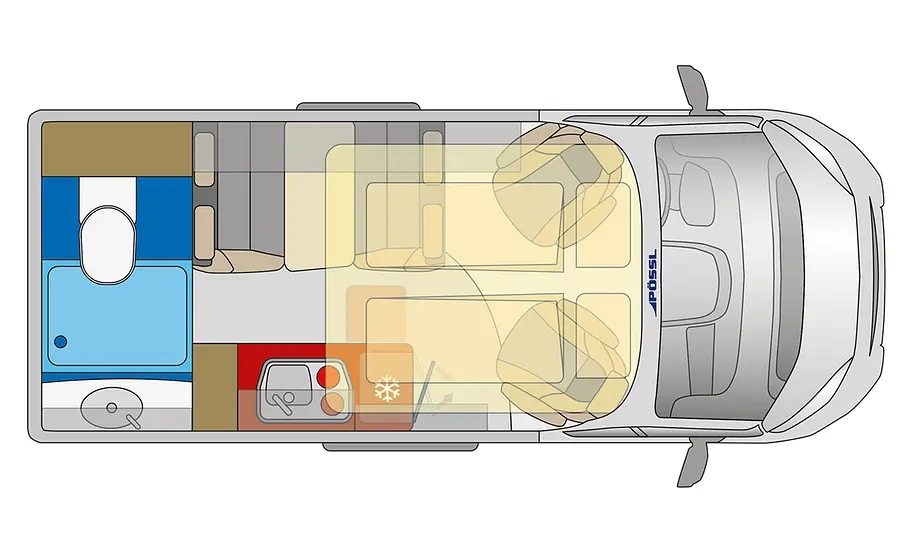 Dachbett Grundrissansicht des Pössl Concorde Compact mit Dachbett.