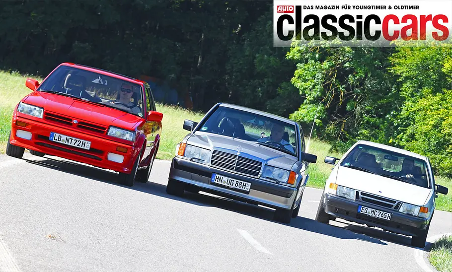 Nissan Bluebird/Mercedes 190 E 2.5-16/Saab 9000 2.3i 16V Nissan Bluebird, Mercedes 190 E 2.5-16 und Saab 9000 2.3i 16V stehend von vorne.