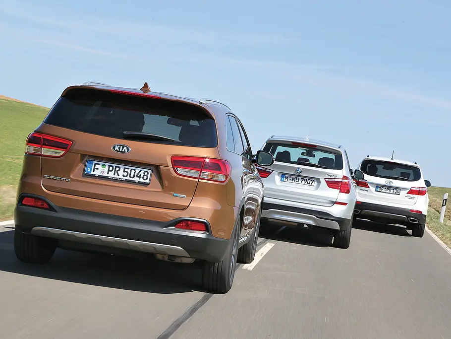 Kia Sorento BMW X3 Hyundai Grand Santa Fe SUV Diesel Vergleichstest Heck
