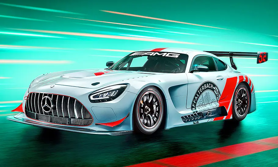 Blick von schräg vorne auf den Mercedes-AMG GT3.