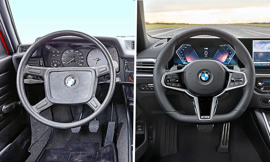 BMW E21/BMW G20 Das Cockpit von BMW E21 & BMW G20 in einer Collage.