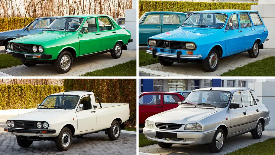 60 Jahre Dacia News Die Collage zeigt vier Versionen des Dacia 1300: Limousine Berlina (oben links), Kombi Break (oben rechts), Pick-up (unten links), Facelift (unten rechts).