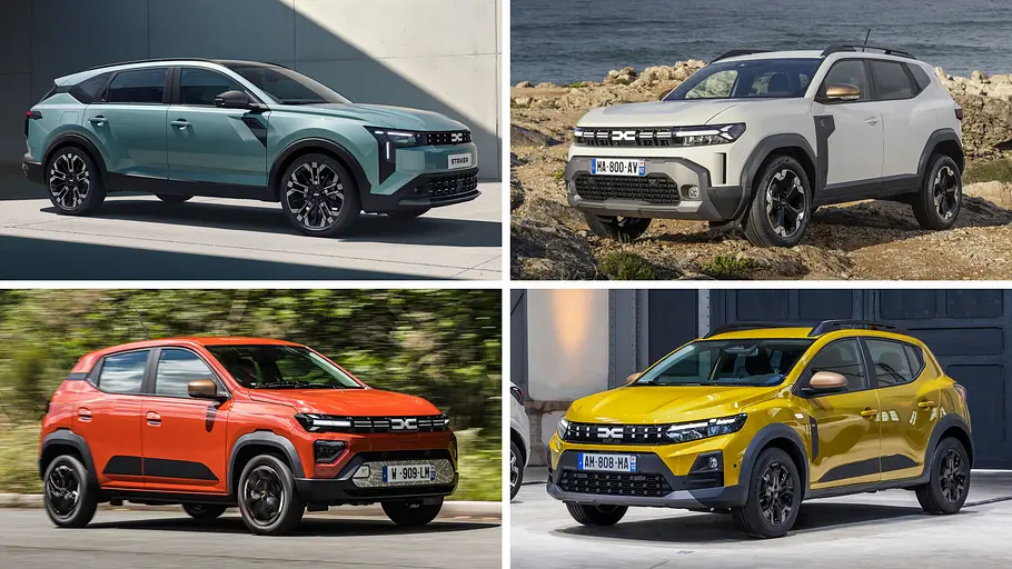60 Jahre Dacia News Die Collage zeigt die aktuelle Modellpalette von Dacia: Striker (oben links), Duster (oben rechts), Spring (unten links), Sandero Stepway (unten rechts)