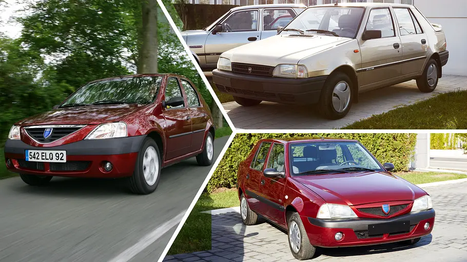 60 Jahre Dacia News Die Collage zeigt den Dacia Logan (links) sowie seine direkten Vorgänger Dacia Nova (oben rechts) und Dacia Solenza (unten rechts).