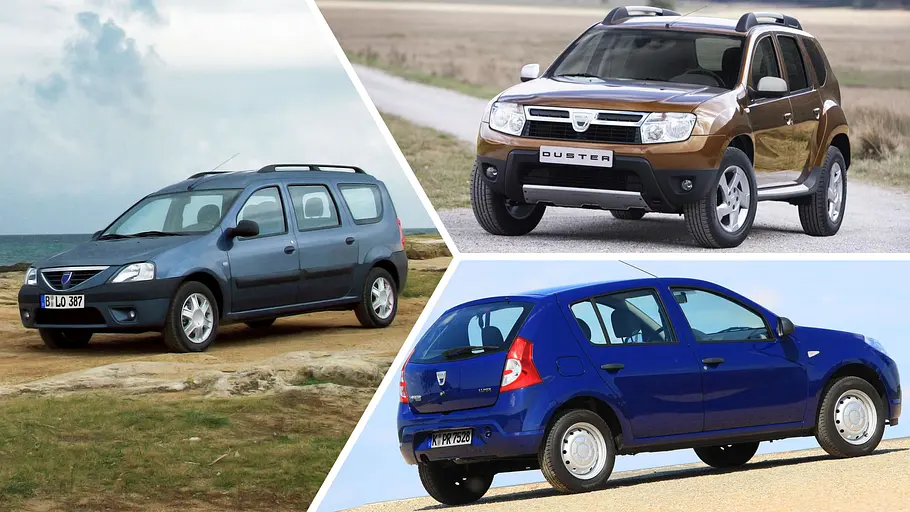 60 Jahre Dacia News Die Collage zeigt einen Teil der anfänglichen Modellpalette von Dacia in Westeuropa: Logan MCV (links), Duster erste Generation (oben rechts), Sandero erste Generation (unten rechts).