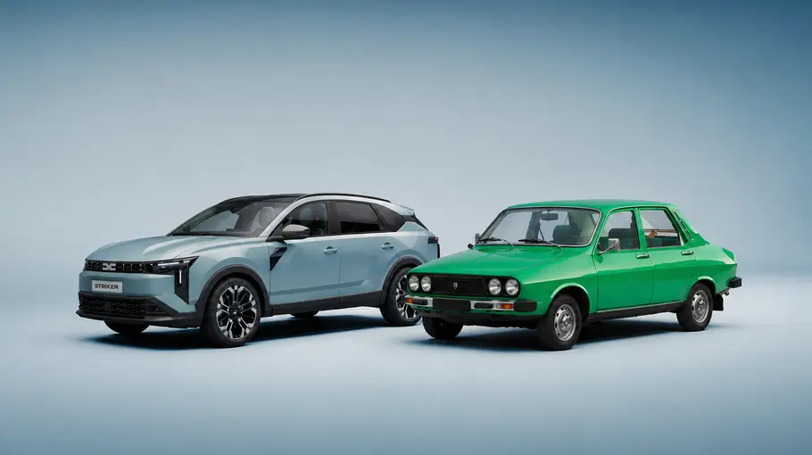 60 Jahre Dacia News Die Collage zeigt den Dacia Striker und den Dacia 1300 statisch vor blauem Hintergrund in einer Studioumgebung.