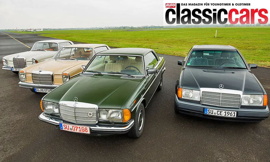 Mercedes 220 SEb (W111), 250 C (W114), 230 CE (C123), 230 CE (C124) stehend von vorne