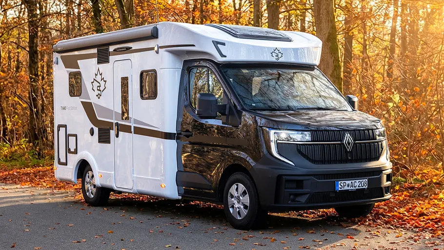 Ahorn Camp T 640 First Edition  steht in herbstlichem Wald, Ansicht von vorne rechts.