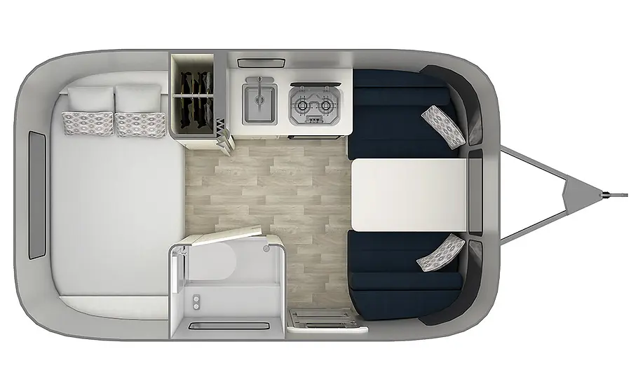 Die Skizze zeigt den Grundriss des Airstream Bambi 16 (2025).