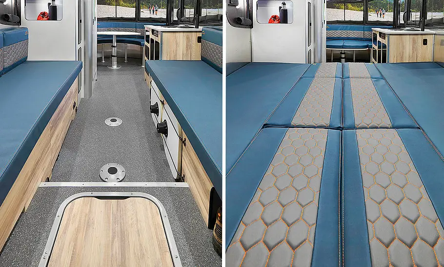 Airstream Basecamp 20 (2025) Das Bild zeigt die Hecksitzguppe des Airstream Basecamp 20 (2025). Das linke Bild zeigt zwei Sitzbänke, das rechte Bild den Umbau zum Doppelbett.