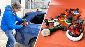 Collage mit Tester links am Polieren eines Autos und sieben Akku-Poliermaschinen auf einem Testblech rechts. - Foto: AUTO ZEITUNG