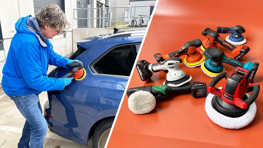 Collage mit Tester links beim Polieren eines Autos und sieben Akku-Poliermaschinen auf einem Testblech rechts.