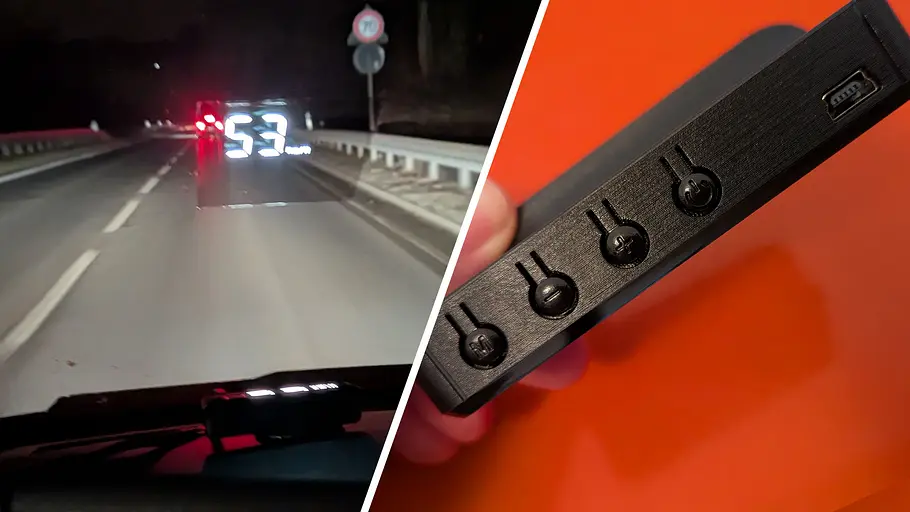 Die Collage zeigt eine nächtliche Landstraße mit Head-up-Display zum Nachrüsten von Akozon im Test. Rechts im Bild: Die Bedientasten des Akozon HUD OBD2.