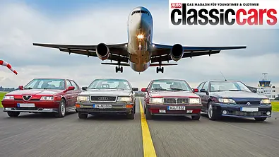Alfa Romeo 164 Q4, Audi V8, Lancia Thema 8.32 und Renault Safrane Biturbo fahrend von vorne - Foto: Wim Woeber