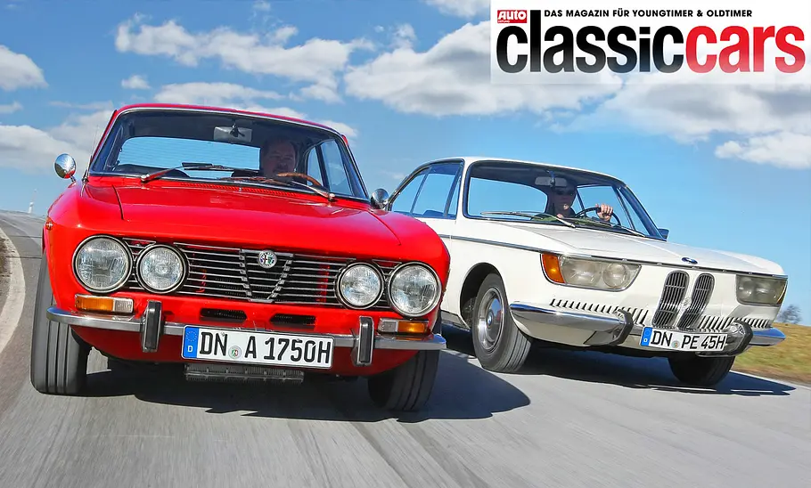 Alfa Romeo 1750 GTV und BMW 2000 CS fahrend von vorne.