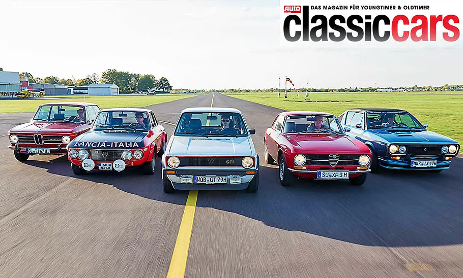 BMW 1600 ti/Lancia Fulvia HF/VW Golf GTI/Alfa Romeo 1600 GT Junior/Renault 17 TS fahren nebeneinander