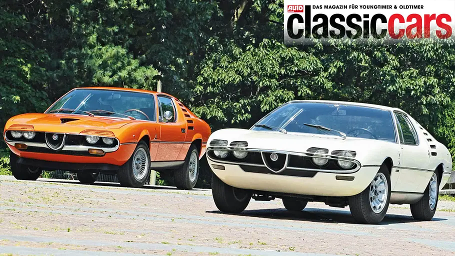 Alfa Romeo Montreal: Classic Cars Alfa Romeo Montreal statisch von schräg vorne fotografiert.