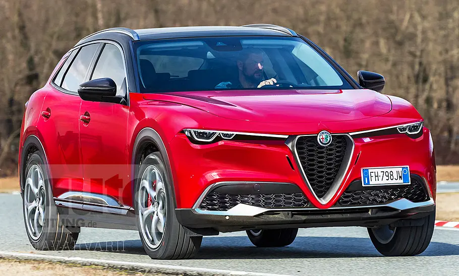 Alfa Romeo Stelvio (2026) Eine Computerillustration zeigt den Alfa Romeo Stelvio (2026), der über eine Straße fährt.