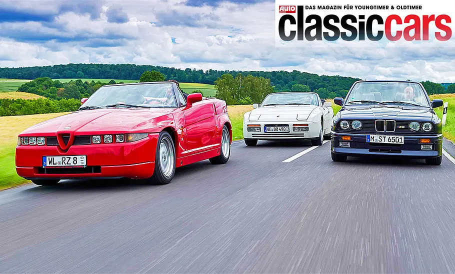 Alfa Romeo R.Z., Porsche 944 S2 Cabrio und BMW M3 Cabrio fahrend von vorne.