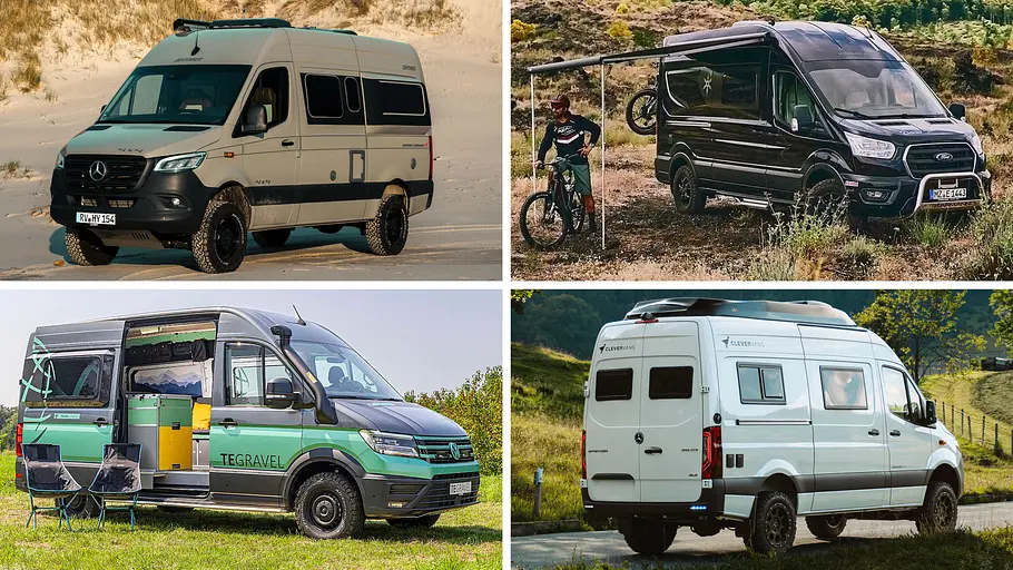 Die Collage zeigt vier Allrad-Campervan.
