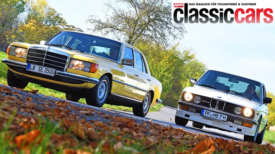 Alpina B10 3.5 / Mercedes 350 SE AMG Alpina B10 3.5 / Mercedes 350 SE AMG fahrend von schräg vorne fotografiert.