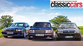 Alpina B12 6.0, Mercedes 300 E AMG und Irmscher Manta i2800 fahrend von vorne. - Foto: Tom Kirkpatrick/Markus Sende/Jürgen Gassebner