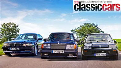 Alpina B12 6.0, Mercedes 300 E AMG und Irmscher Manta i2800 fahrend von vorne. - Foto: Tom Kirkpatrick/Markus Sende/Jürgen Gassebner