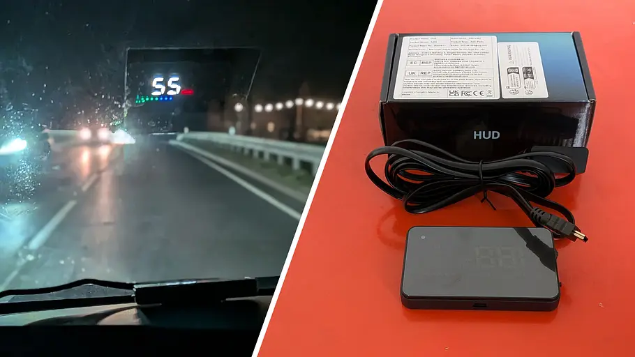 Die Collage zeigt eine nächtliche Landstraße mit Head-up-Display zum Nachrüsten von AMHVMU im Test. Rechts im Bild: Der Lieferumfang des AMHVMU A 200 OBD2.