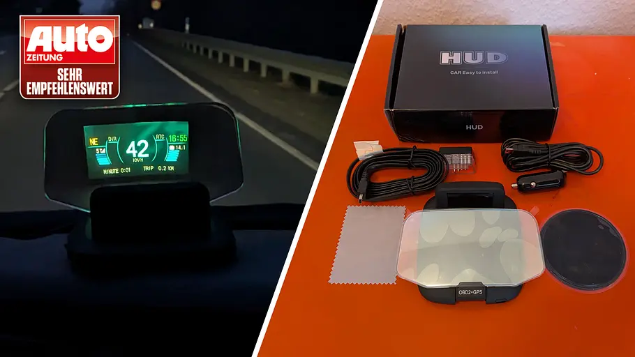 Die Collage zeigt eine nächtliche Autobahn mit Head-up-Display von Amrooloo zum Nachrüsten im Test. Rechts im Bild: Der gesamte Lieferumfang des Amrooloo-HUD.