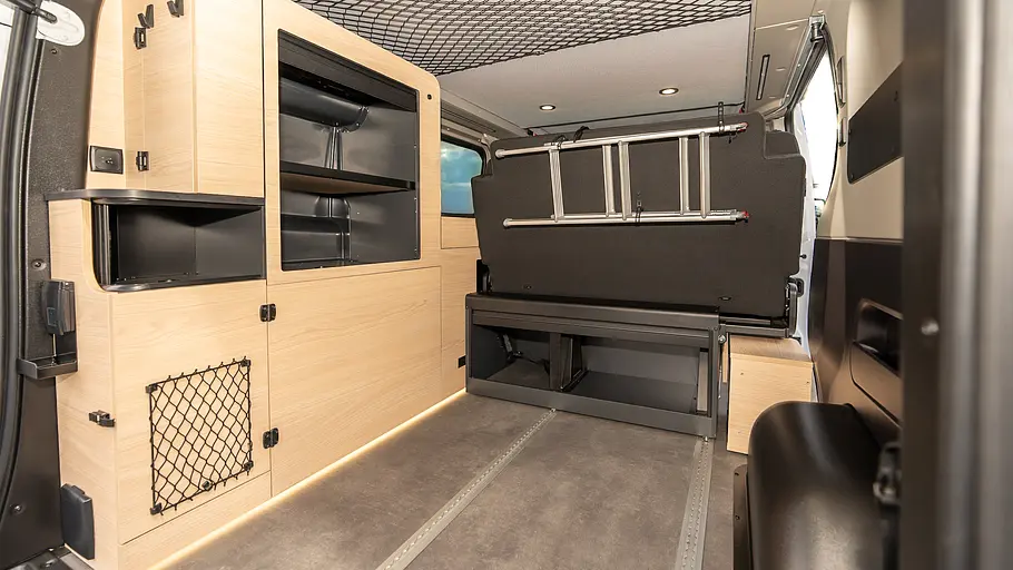 Der Stauraum des Antilope Van Flex 5 bei komplett nach vorne geschobener und zusammengefalteter Rückbank.