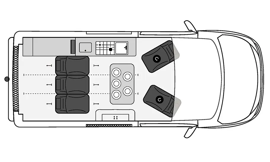 Die Zeichnung zeigt den Grundriss des Antilope Van Flex 5 (2025).