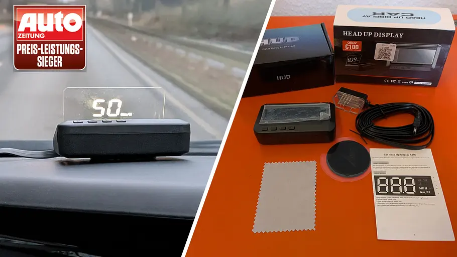 Die Collage zeigt eine Landstraße mit Head-up-Display zum Nachrüsten von Aqxreight im Test. Rechts im Bild: Der gesamte Lieferumfang des Aqxreight-Displays.