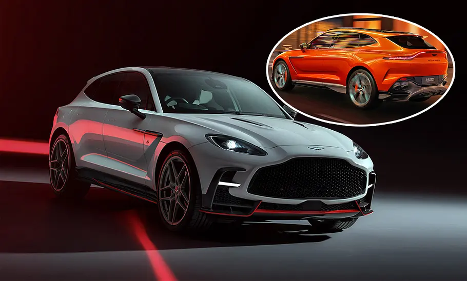 Der Aston Martin DBX S stehend von schräg vorne fotografiert, eingeklinkt oben rechts ist der Aston Martin DBX707 von schräg hinten zu sehen.