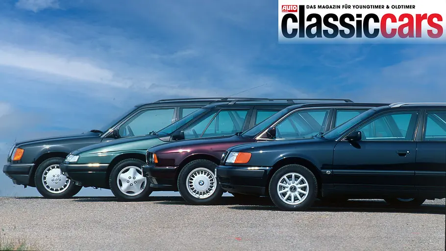 Audi 100 Avant TDI/BMW 525 TDS Touring/Citroën XM Break TD 12/Mercedes 300 TD Turbo statisch von der Seite fotografiert.