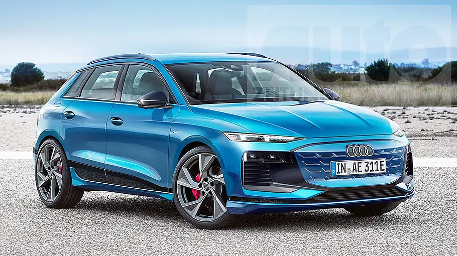 Audi A3 e-tron Eine Computer-Illustration zeigt den Audi A3 e-tron (2026) auf Asphalt parkend, Ansicht von vorne rechts.